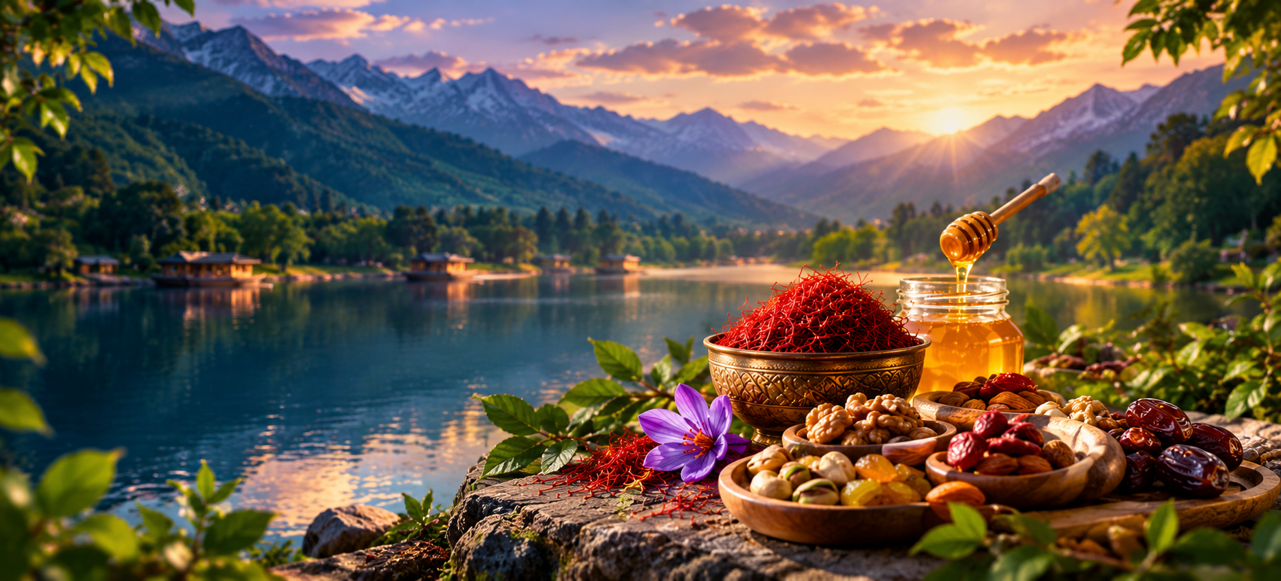 Premium dry fruits, nuts, Kashmiri saffron and raw honey by a Himalayan lake at sunset — NutsAndCrafts natural products